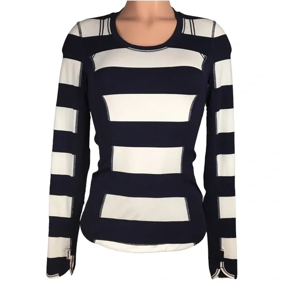 EUC LULULEMON Run Switchback Long Sleeve Navy White Stripe Shirt Size 4 - Picture 3 of 11